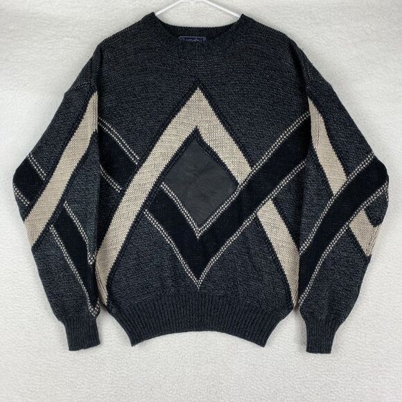 Vintage Barnaby Sweater Mens Size XL‎ Grey Abstract Leather Patch 80s Grandpa - Picture 1 of 11